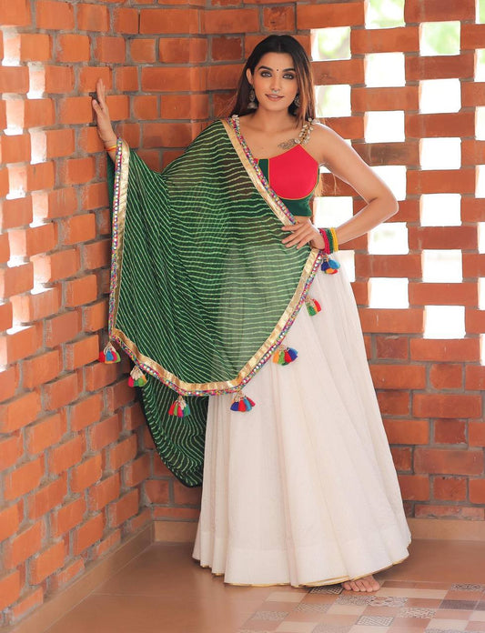 White and Green Kodi Lace Work Lehenga Choli Set