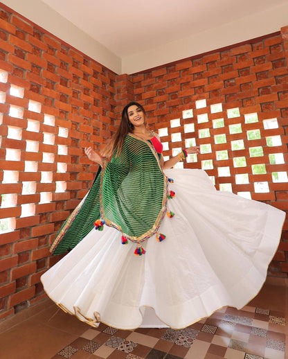 White and Green Kodi Lace Work Lehenga Choli Set