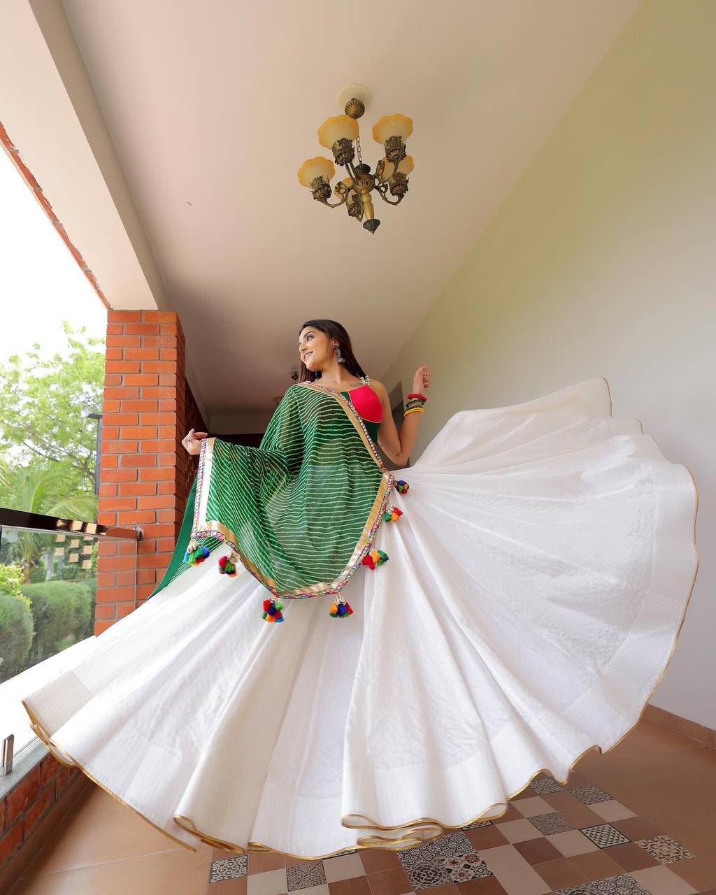 White and Green Kodi Lace Work Lehenga Choli Set