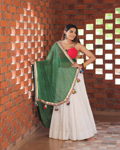 White and Green Kodi Lace Work Lehenga Choli Set