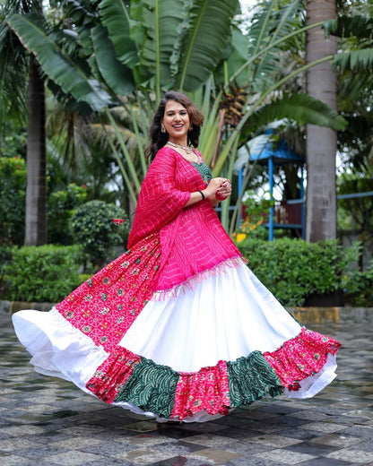 Pure Cotton White & Pink Printed Lehenga Choli Set