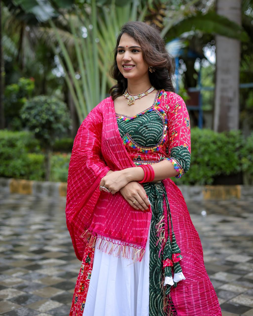 Pure Cotton White & Pink Printed Lehenga Choli Set