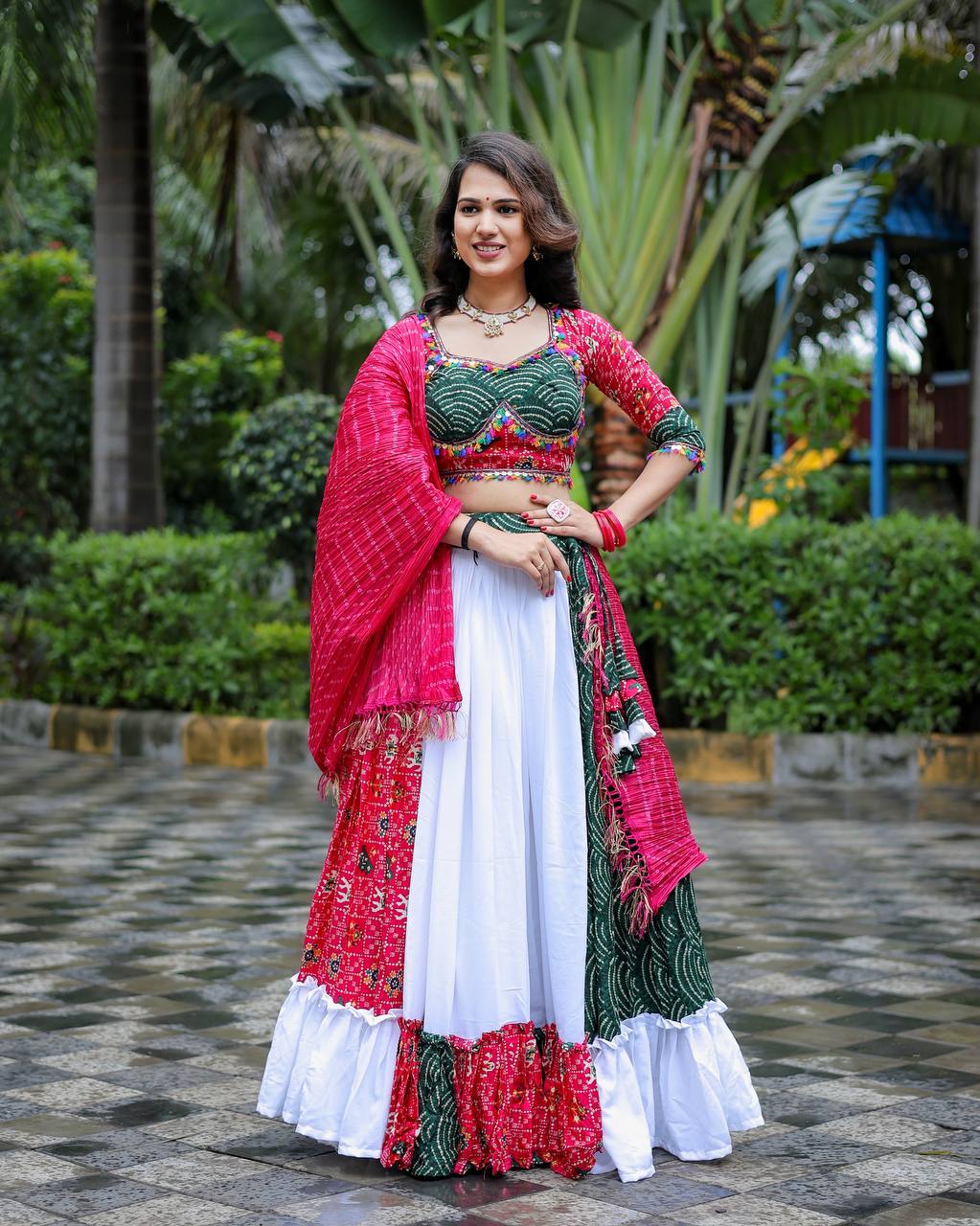 Pure Cotton White & Pink Printed Lehenga Choli Set