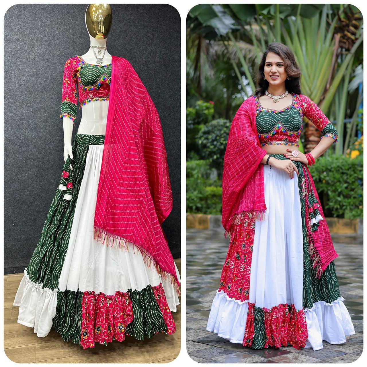 Pure Cotton White & Pink Printed Lehenga Choli Set