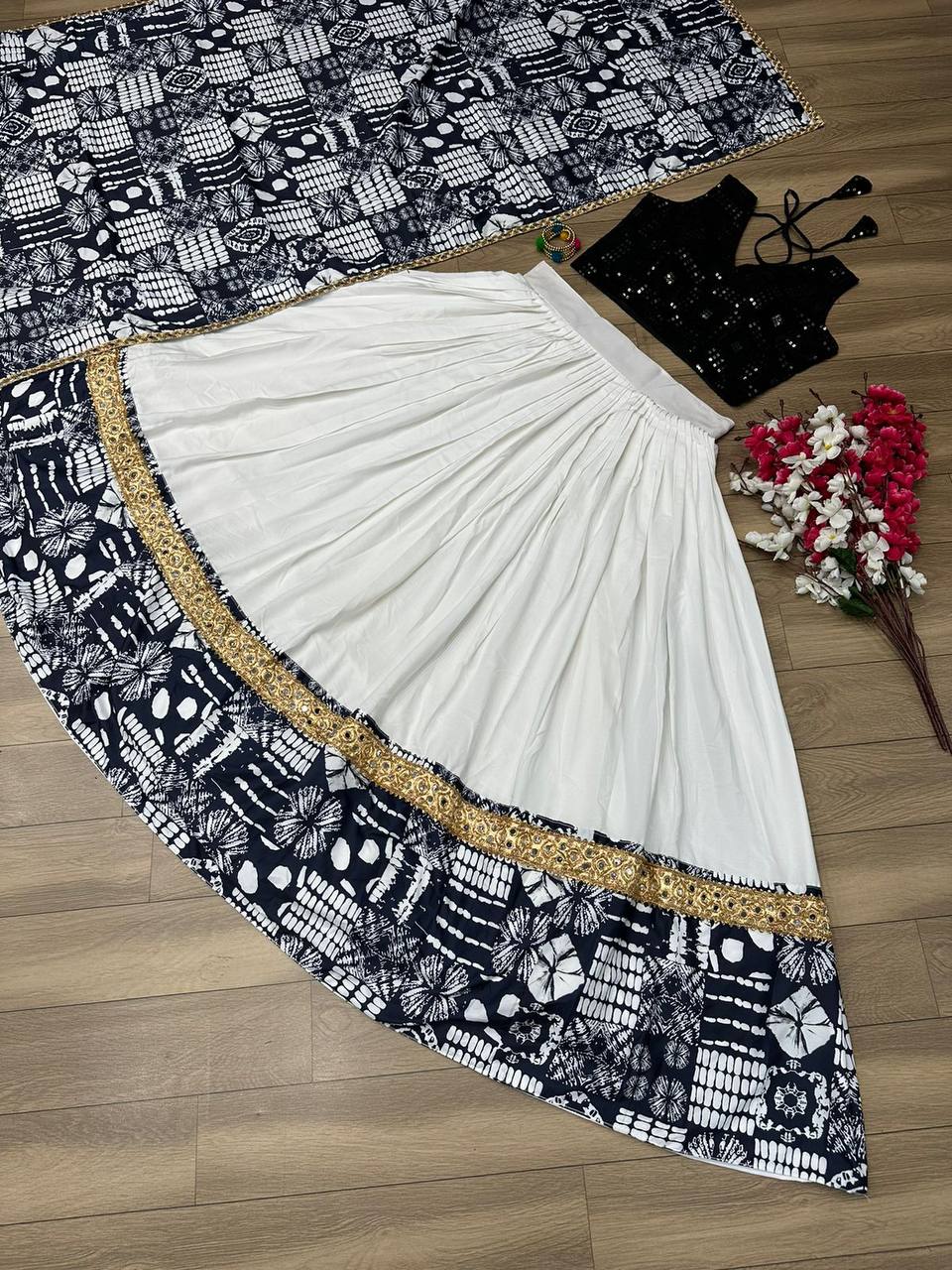 Black and White Real Mirror Work Lehenga Choli Set