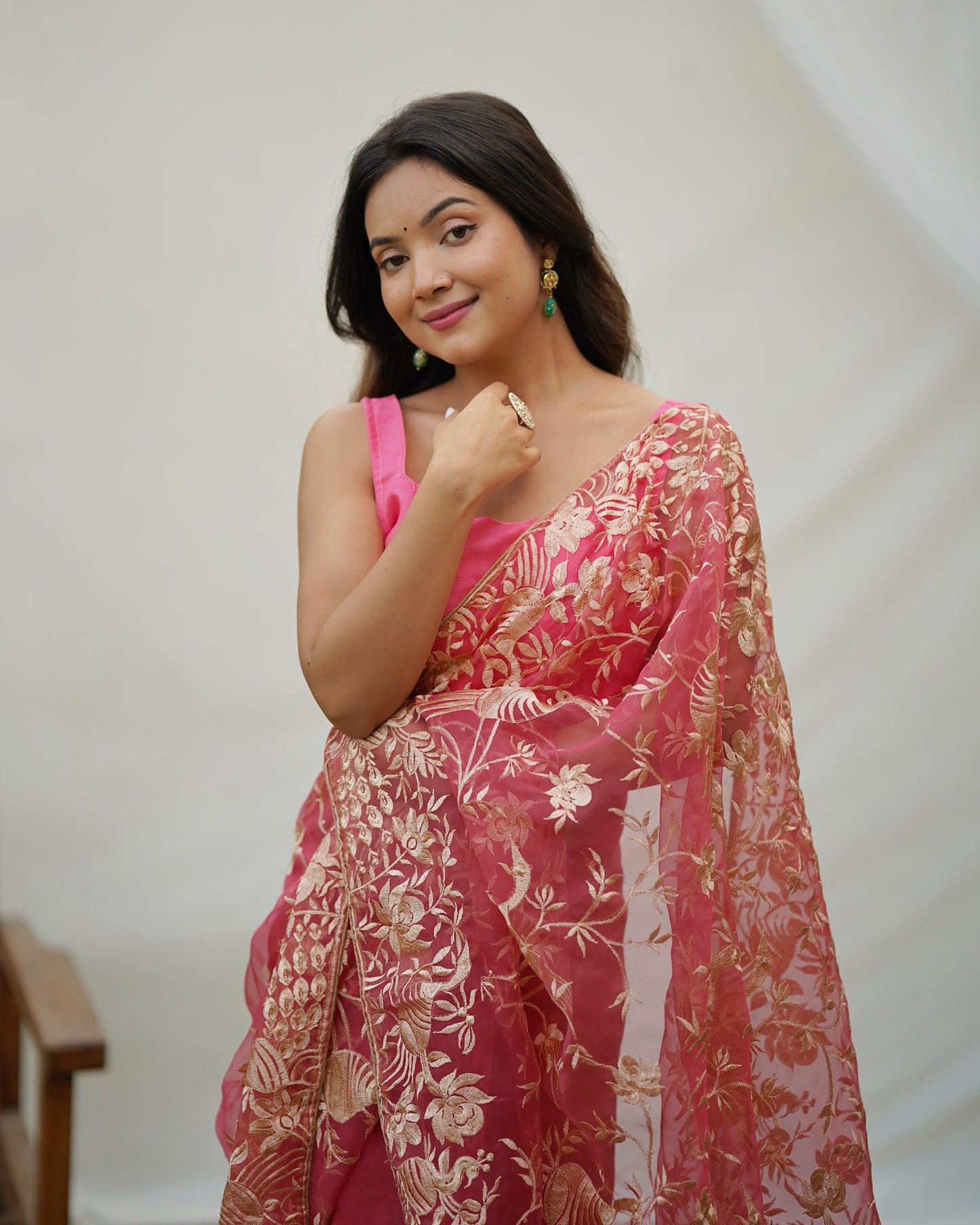 Pink and Gold Embroidered Organza Saree