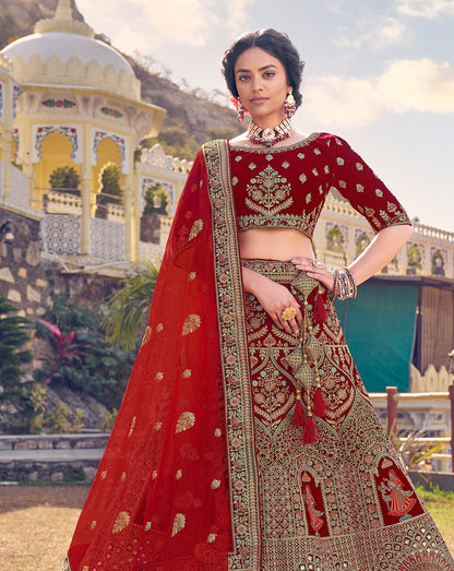 Maroon Bridal Velvet Hand Crafted Lehenga Choli