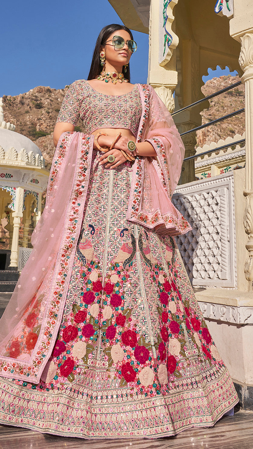 Baby Pink Bridal Net Hand Crafted Lehenga Choli