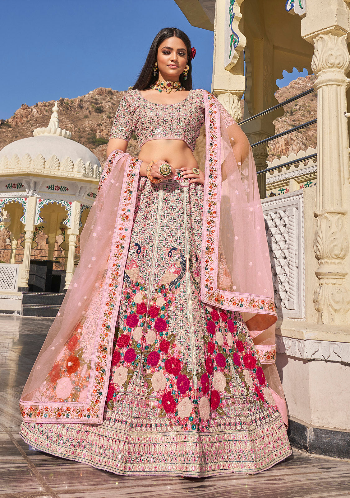 Baby Pink Bridal Net Hand Crafted Lehenga Choli