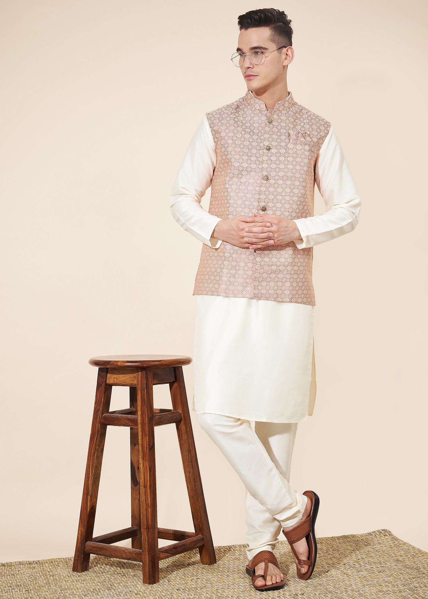 Dusty Pink and White Men's Kurta Pajama with Koti Set