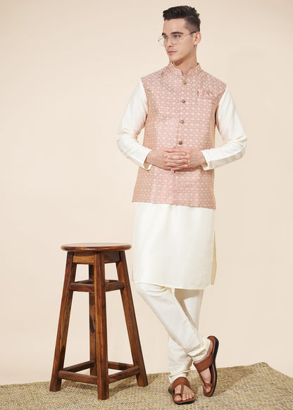 Dusty Pink and White Men's Kurta Pajama with Koti Set