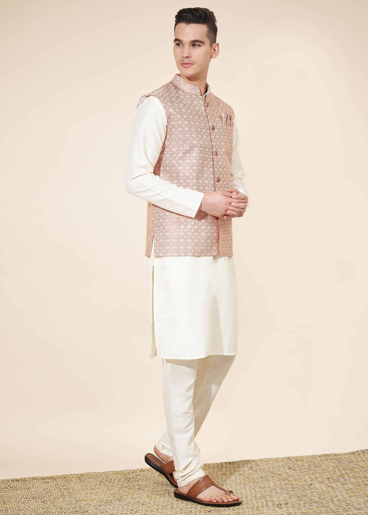 Dusty Pink and White Men's Kurta Pajama with Koti Set