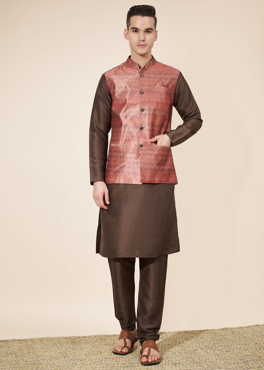 Pink and Brown Men's Kurta Pajama with Koti Set