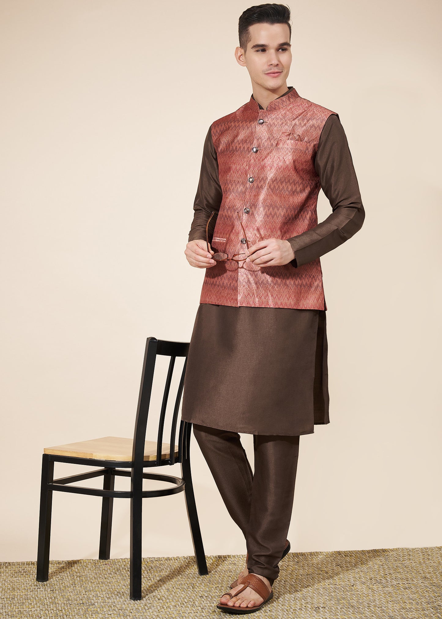 Pink and Brown Men's Kurta Pajama with Koti Set