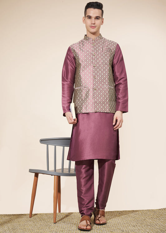 Purple Men's Kurta Pajama with Koti Set