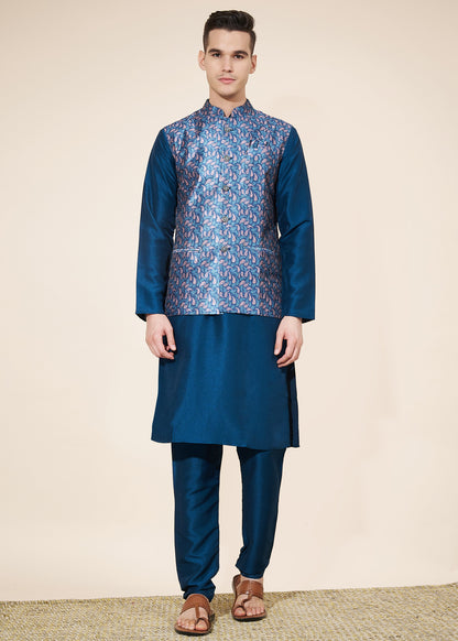 Blue Men's Kurta Pajama with Koti Set