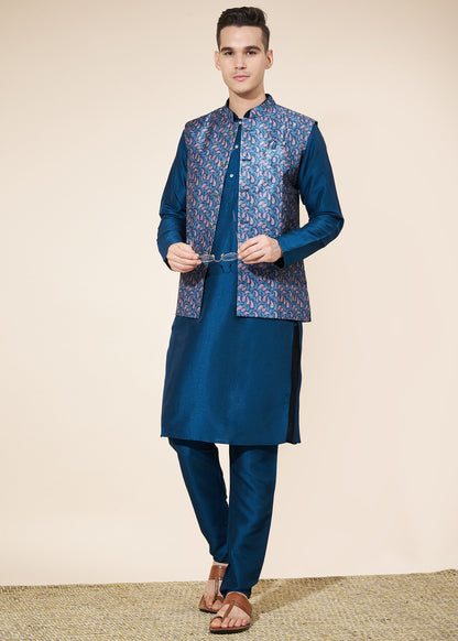 Blue Men's Kurta Pajama with Koti Set