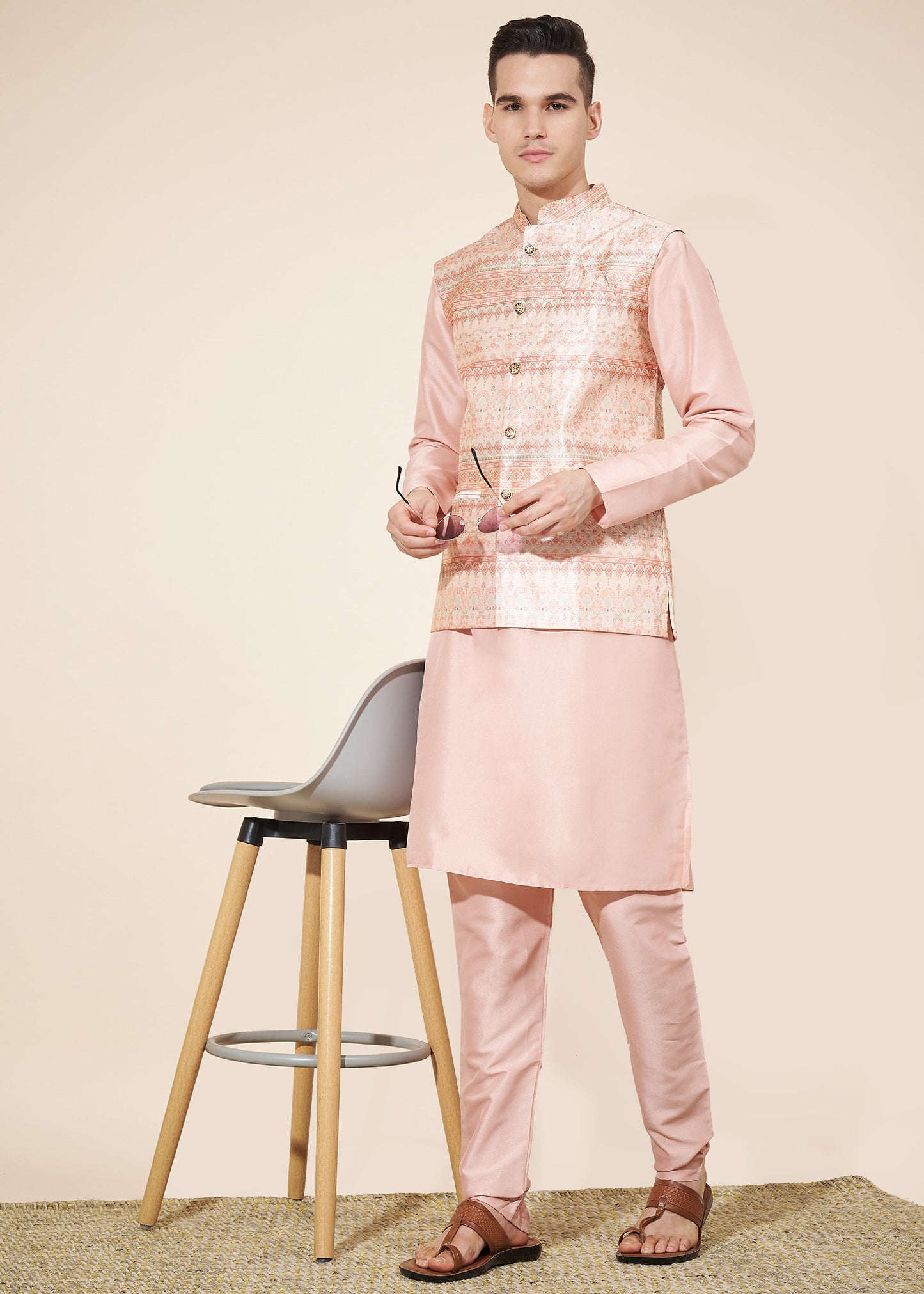 Pastel Pink Men's Kurta Pajama with Koti Set