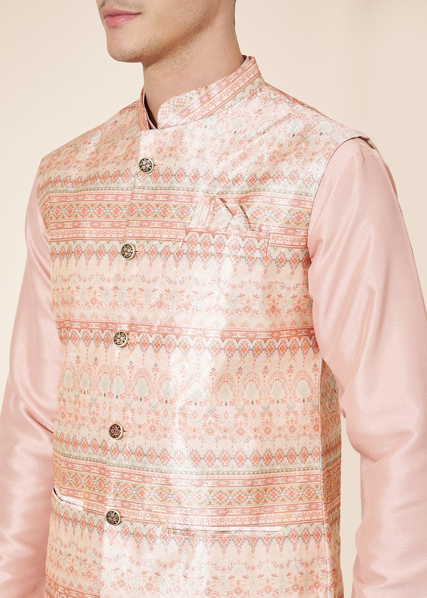 Pastel Pink Men's Kurta Pajama with Koti Set