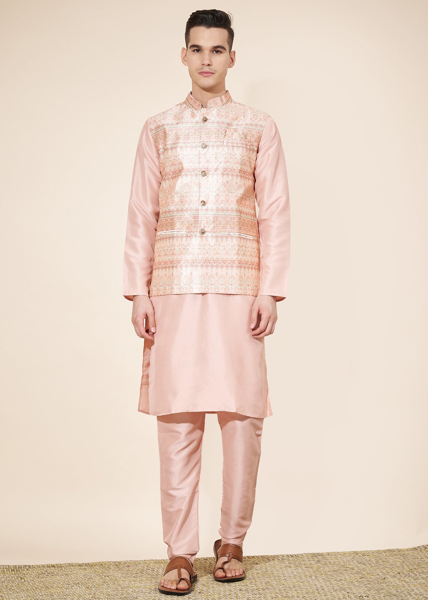 Pastel Pink Men's Kurta Pajama with Koti Set