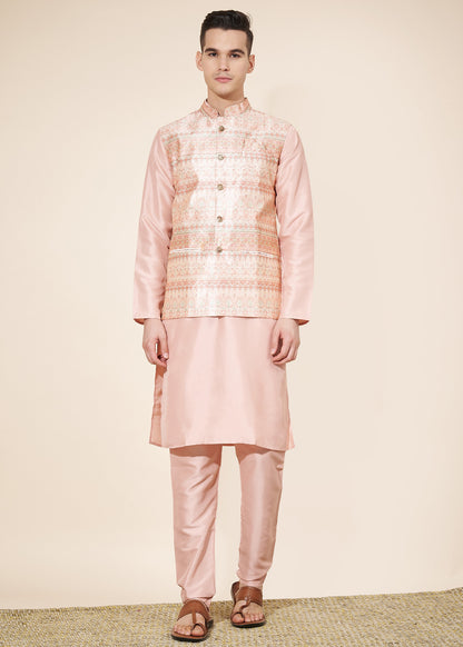 Pastel Pink Men's Kurta Pajama with Koti Set