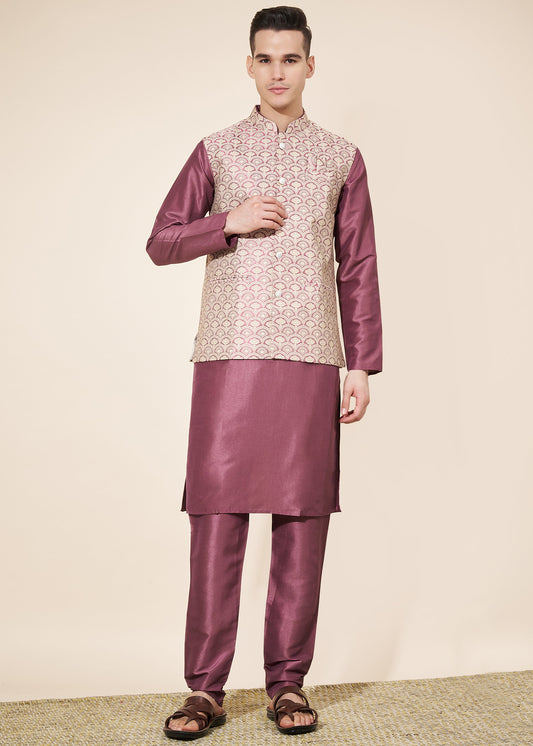 Dark Mauve Men's Kurta Pajama with Koti Set