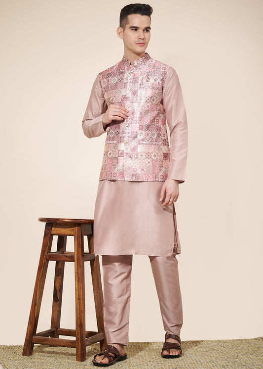 Pale Pink Men's Kurta Pajama with Koti Set