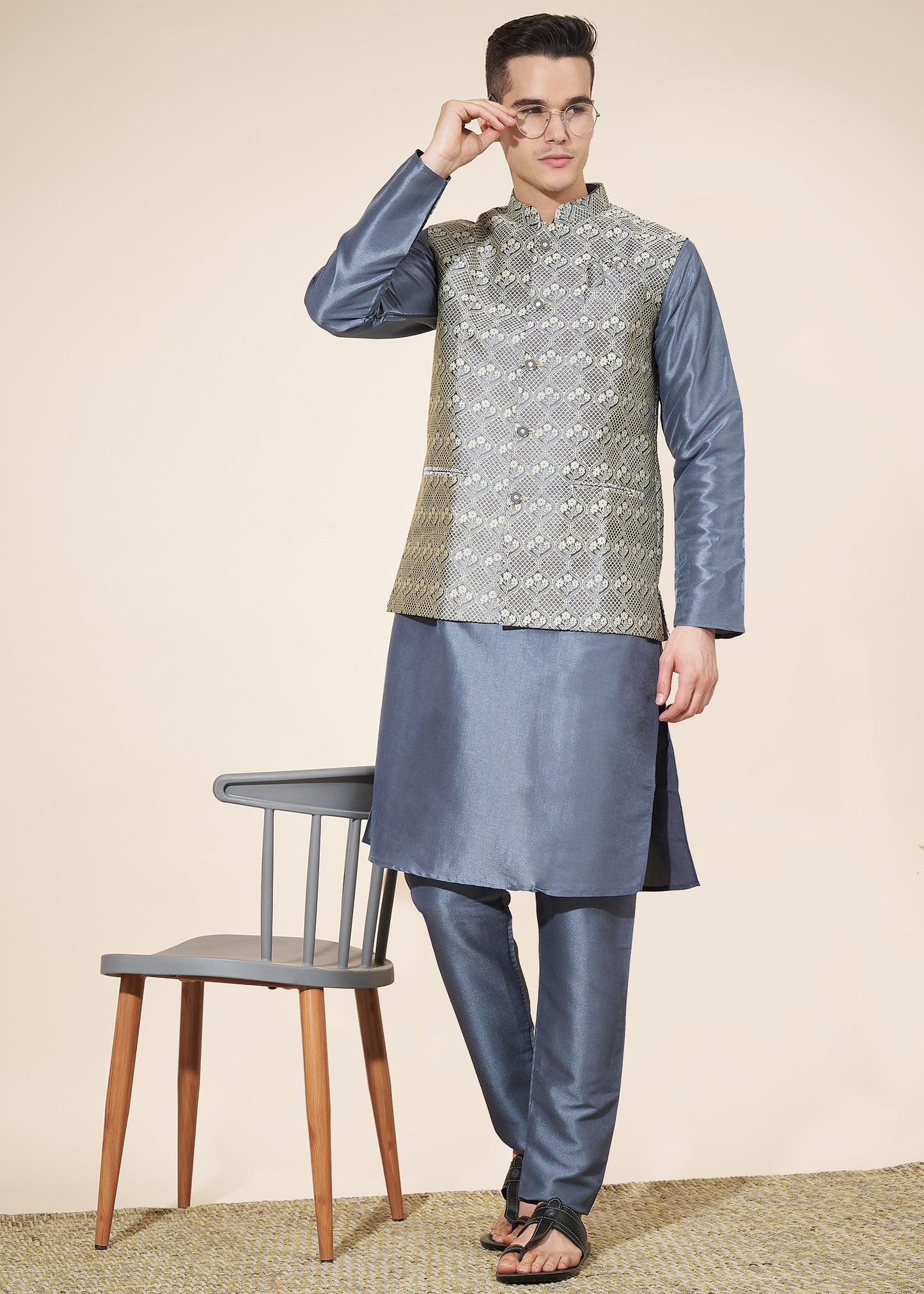 Pastel Blue  Men's Kurta Pajama with Koti Set