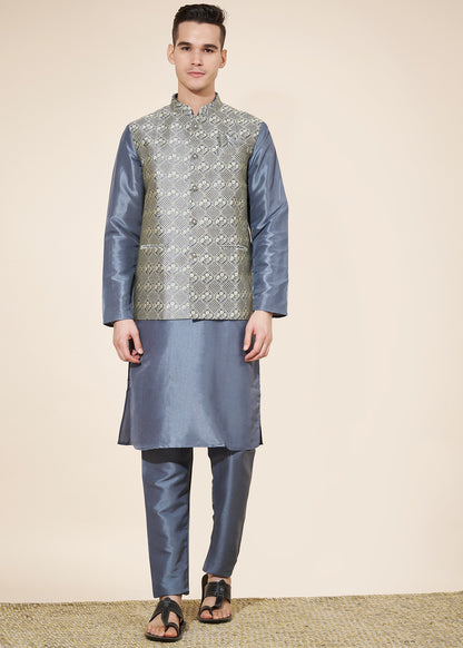 Pastel Blue  Men's Kurta Pajama with Koti Set