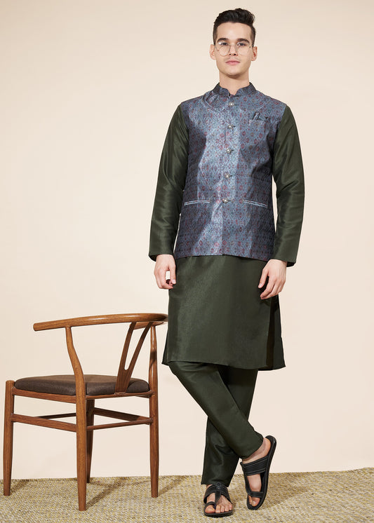 Blue and Black Men's Kurta Pajama with Koti Set