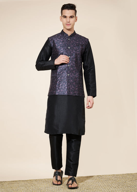 Navy Blue Men's Kurta Pajama with Koti Set