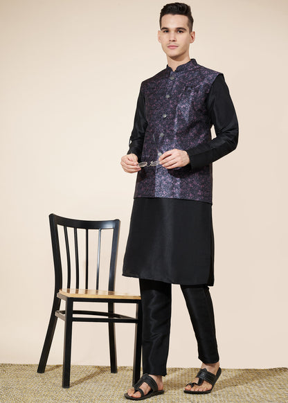 Navy Blue Men's Kurta Pajama with Koti Set