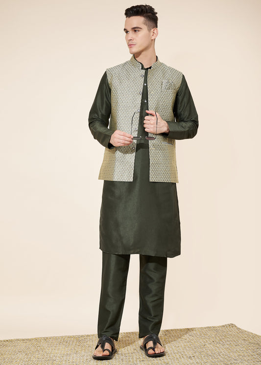 Black and Grey Men's Kurta Pajama with Koti Set