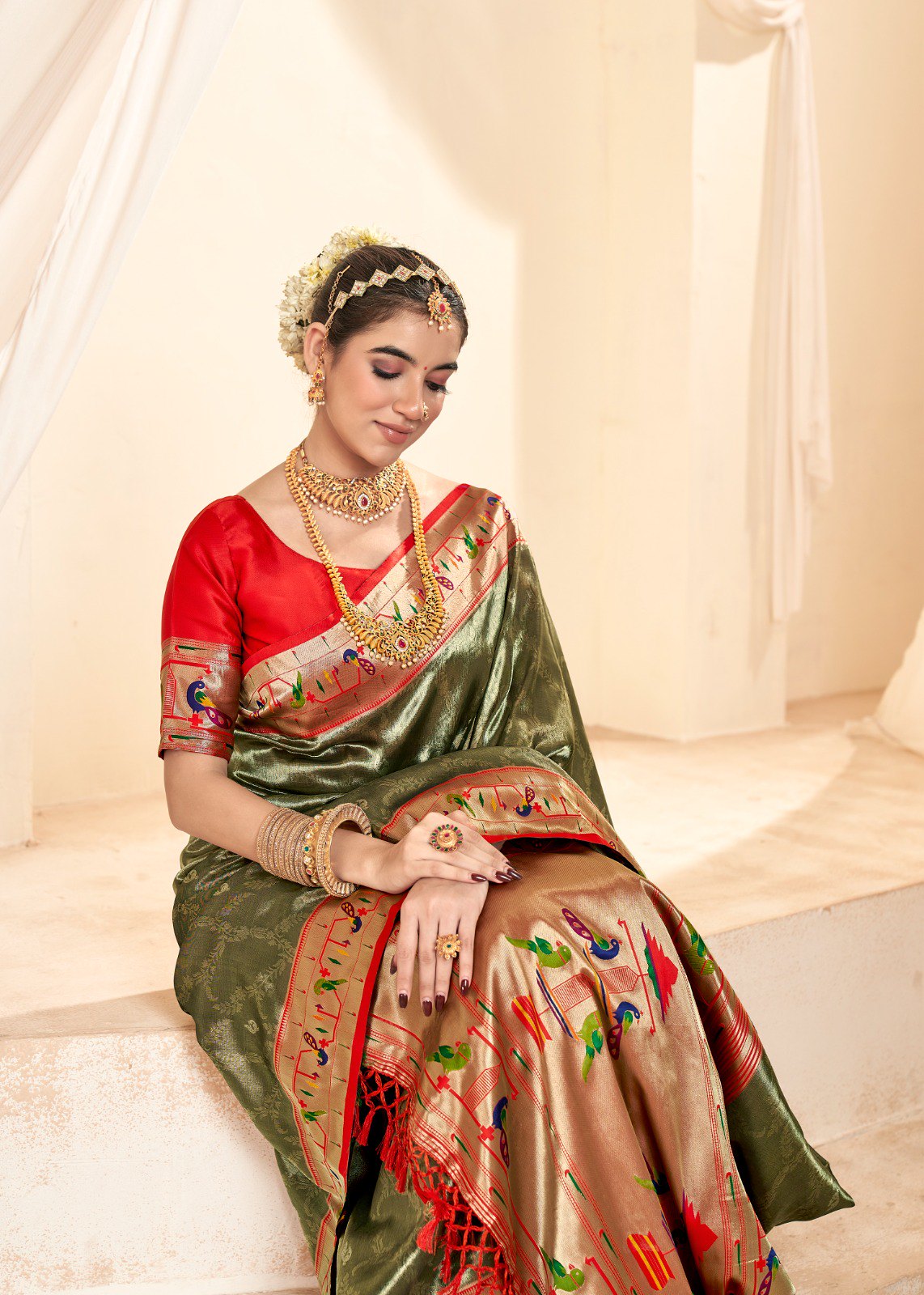 Mehendi Green Soft Tissue Silk Paithani Saree