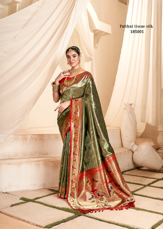 Mehendi Green Soft Tissue Silk Paithani Saree