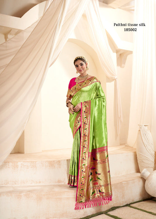 Parrot Green Soft Tissue Silk Paithani Saree