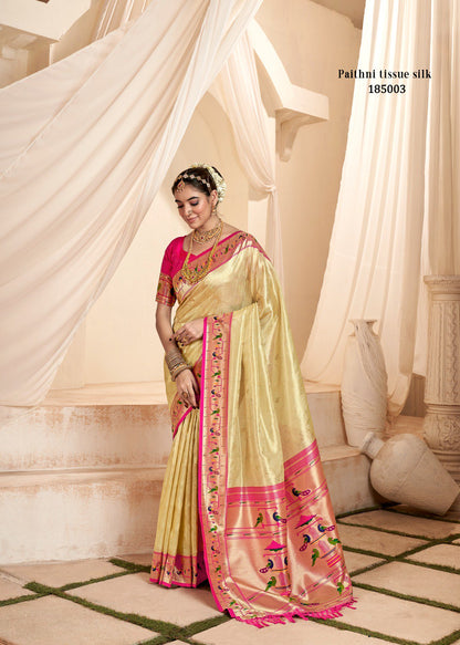 Cream Soft Tissue Silk Paithani Saree