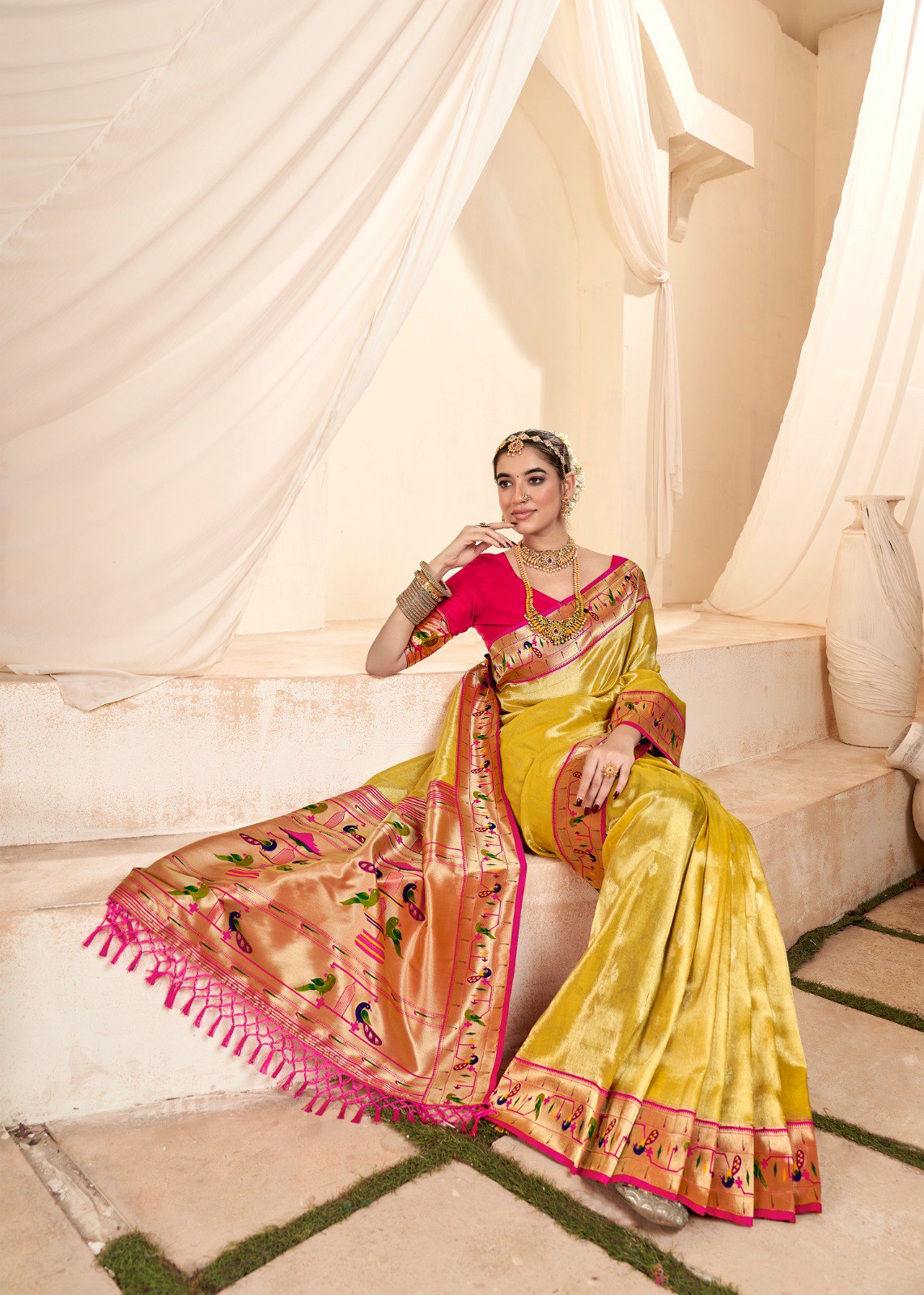 Lemon Yellow Soft Tissue Silk Paithani Saree