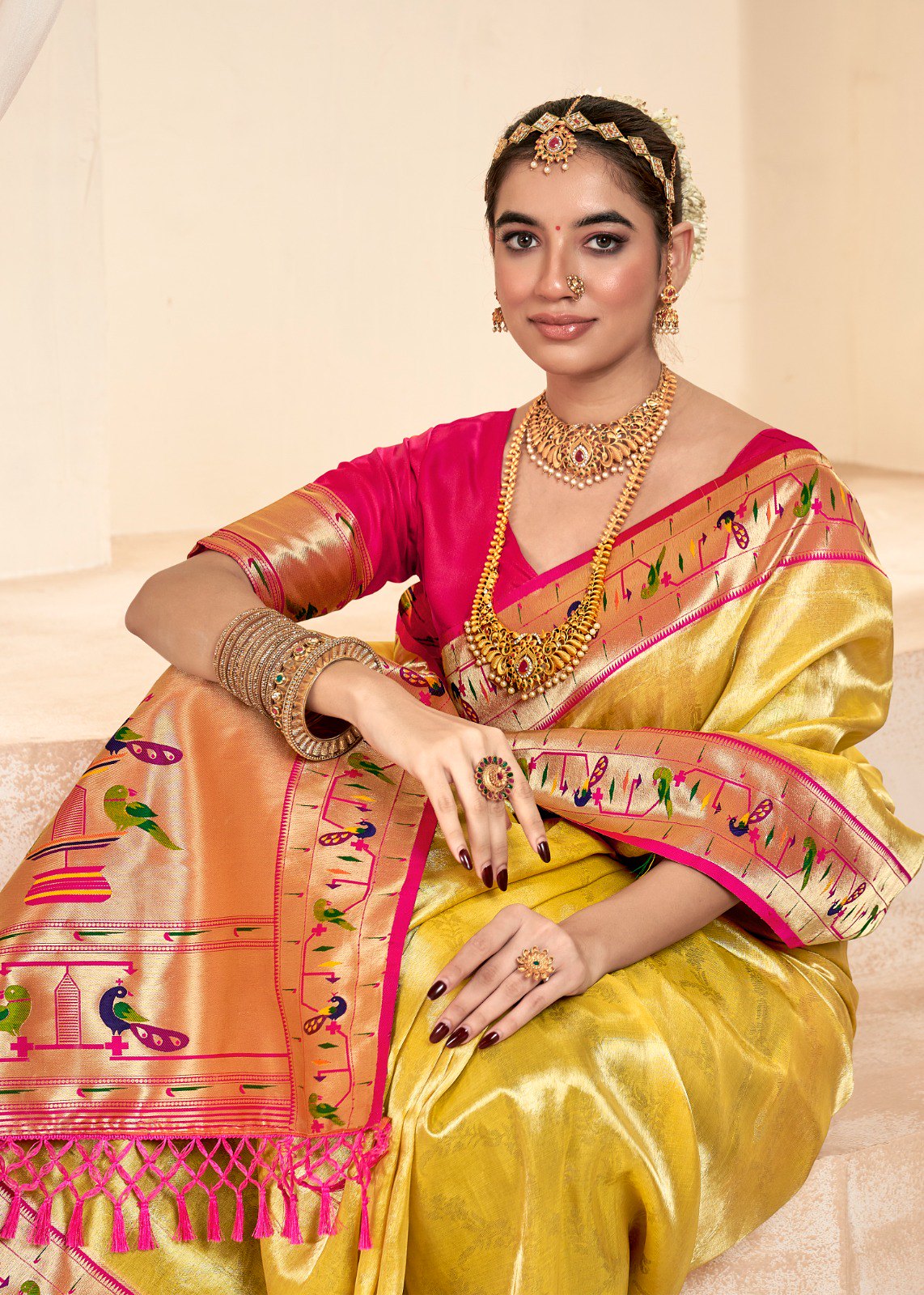 Lemon Yellow Soft Tissue Silk Paithani Saree