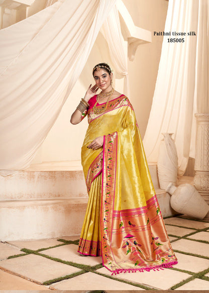 Lemon Yellow Soft Tissue Silk Paithani Saree