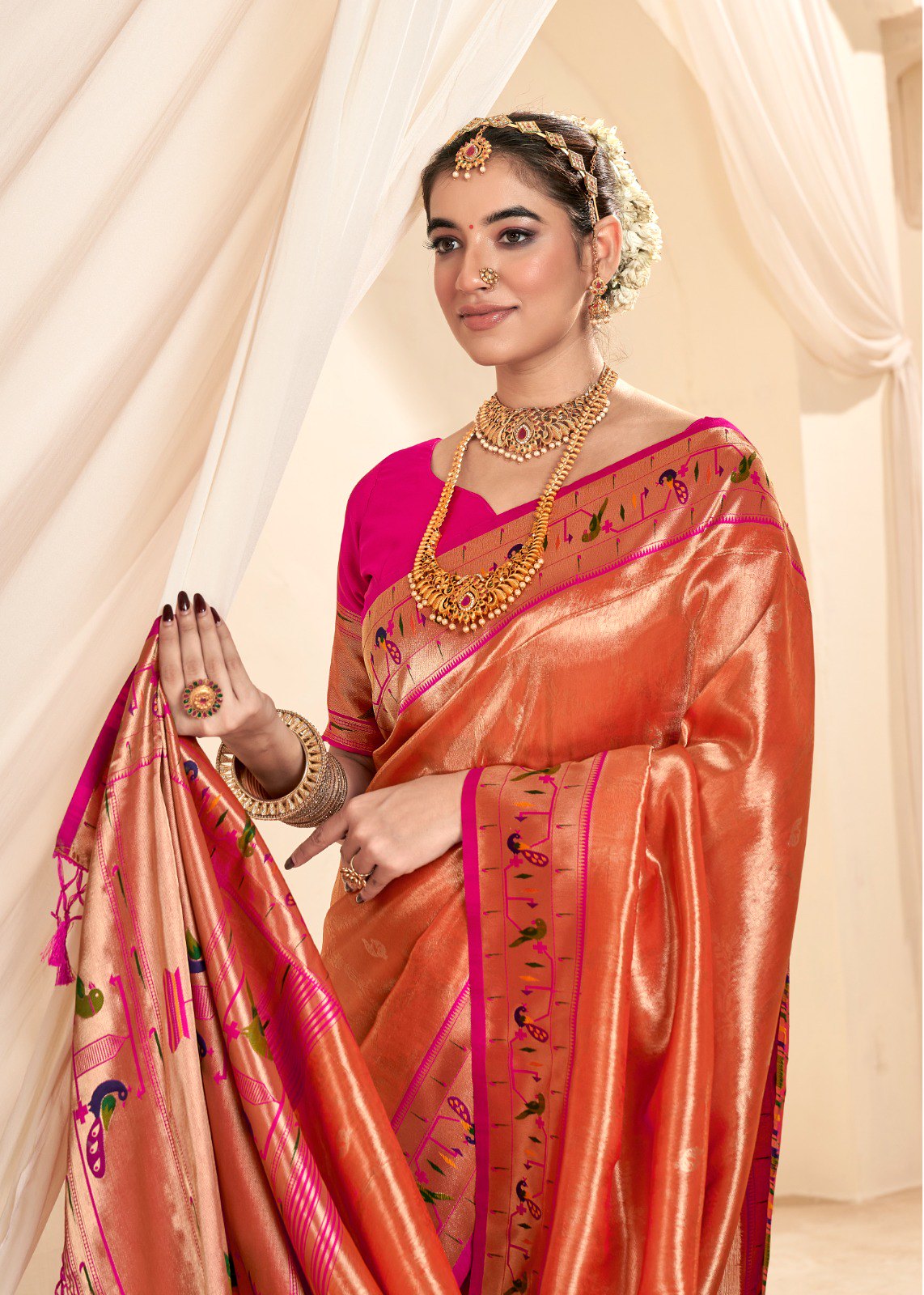 Copper Red Soft Tissue Silk Paithani Saree