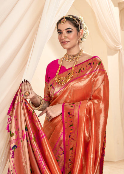 Copper Red Soft Tissue Silk Paithani Saree