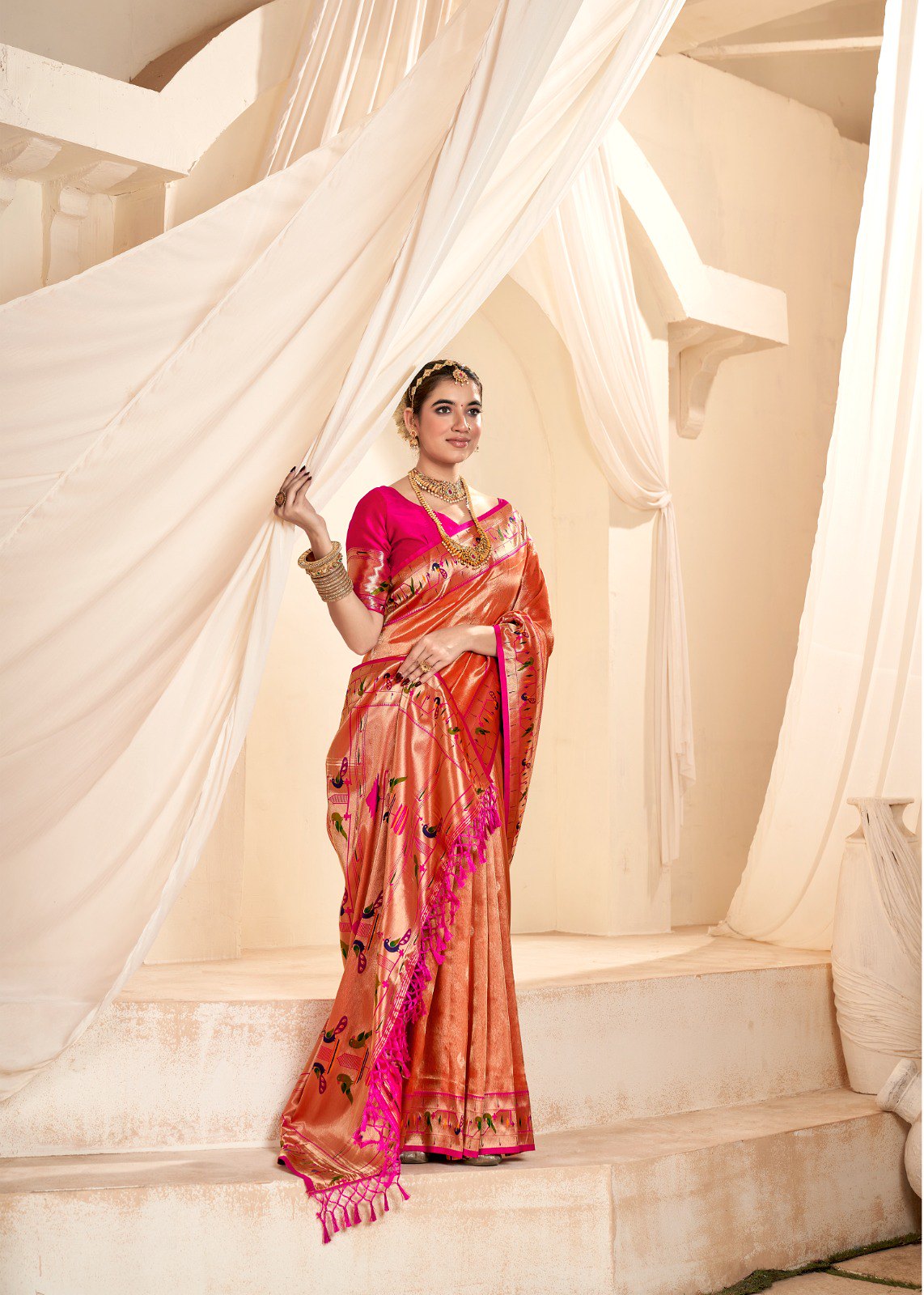 Copper Red Soft Tissue Silk Paithani Saree