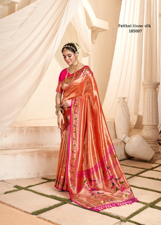 Copper Red Soft Tissue Silk Paithani Saree