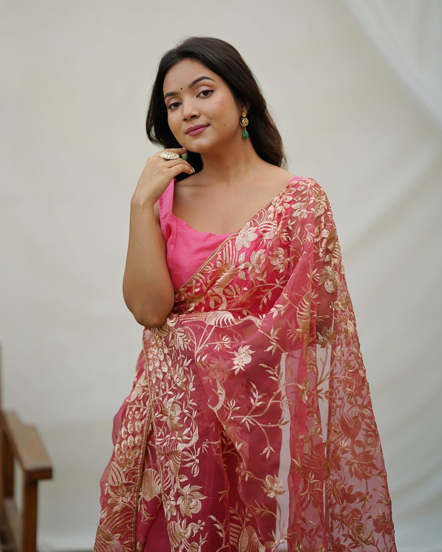 Pink and Gold Embroidered Organza Saree