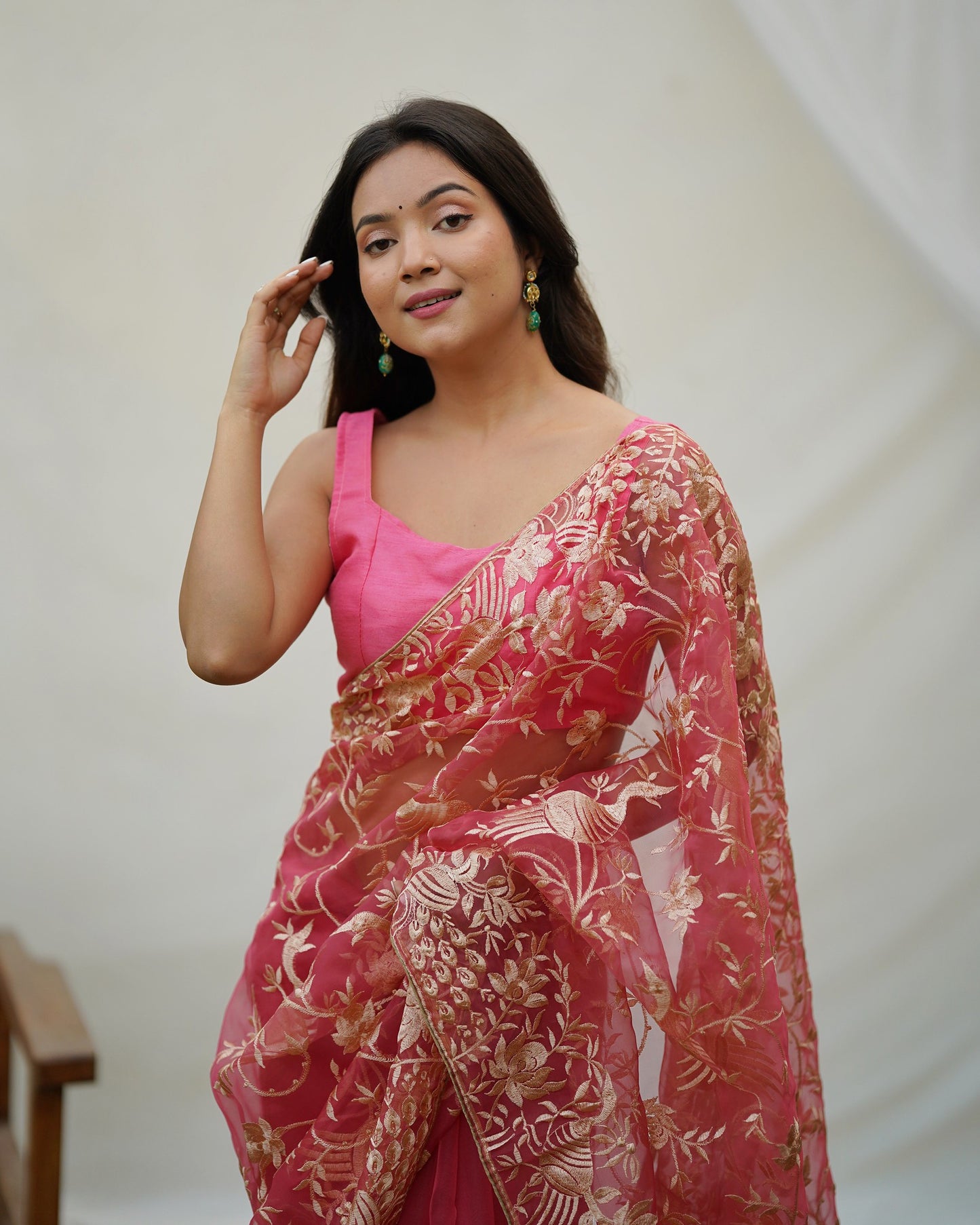 Pink and Gold Embroidered Organza Saree