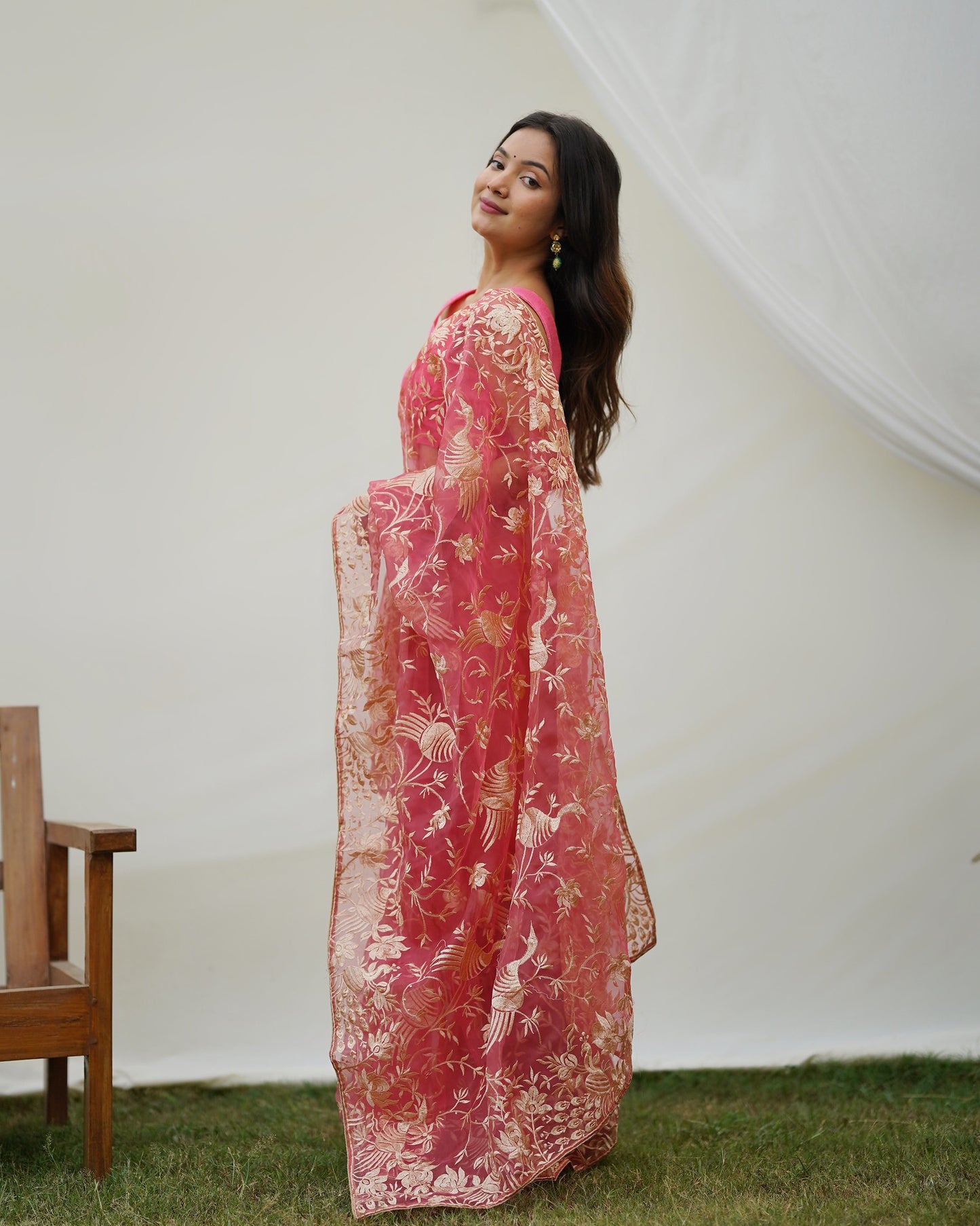 Pink and Gold Embroidered Organza Saree