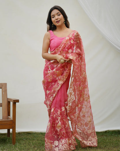 Pink and Gold Embroidered Organza Saree