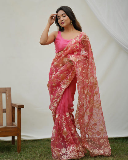 Pink and Gold Embroidered Organza Saree