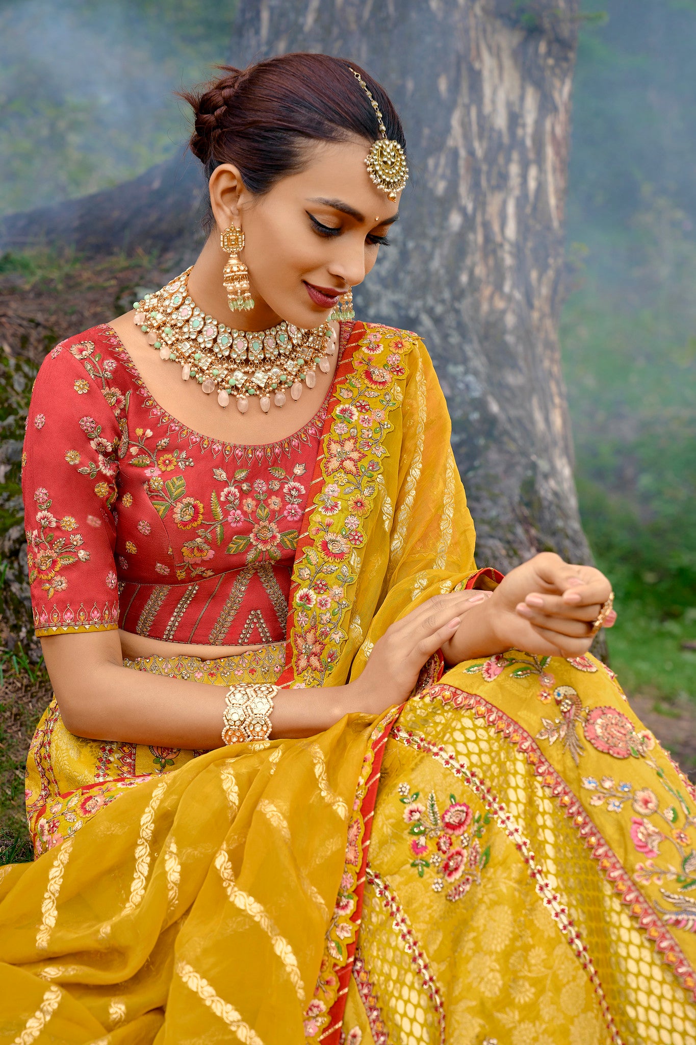 Yellow and Red Embroidered Silk Lehenga Choli Set